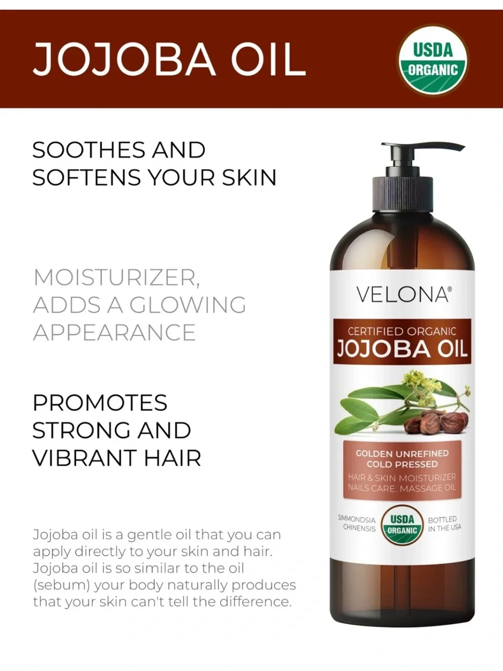 Velona Organic Jojoba Oil 32 oz – Hexane Free Carrier Oil for Hair, Skin& Nails